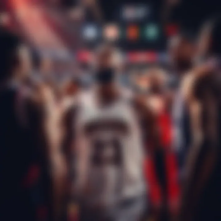 Basketball players in jerseys being traded during a game