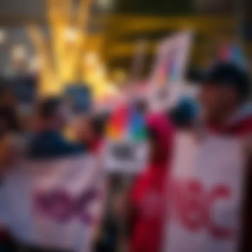Residents of Louisville express frustration at NBC's race coverage with signs and banners at an event.