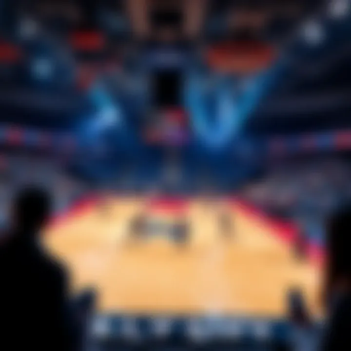 A basketball court with players in action, highlighting an NCAA game with betting slips and odds in focus.