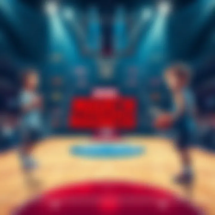 A basketball bracket filled with teams, players preparing for exciting NCAA March Madness games, with a court in the background.