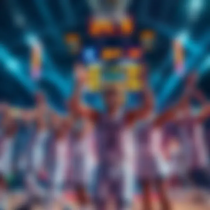 Players celebrating a victory in NCAA Basketball and Football games with a scoreboard showing strong results