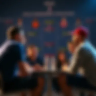 A group of friends discussing strategies for NCAA Bracket Survivor Pools, with a chart of teams in the background