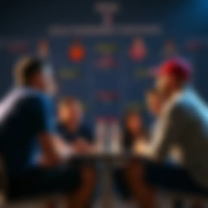 A group of friends discussing strategies for NCAA Bracket Survivor Pools, with a chart of teams in the background