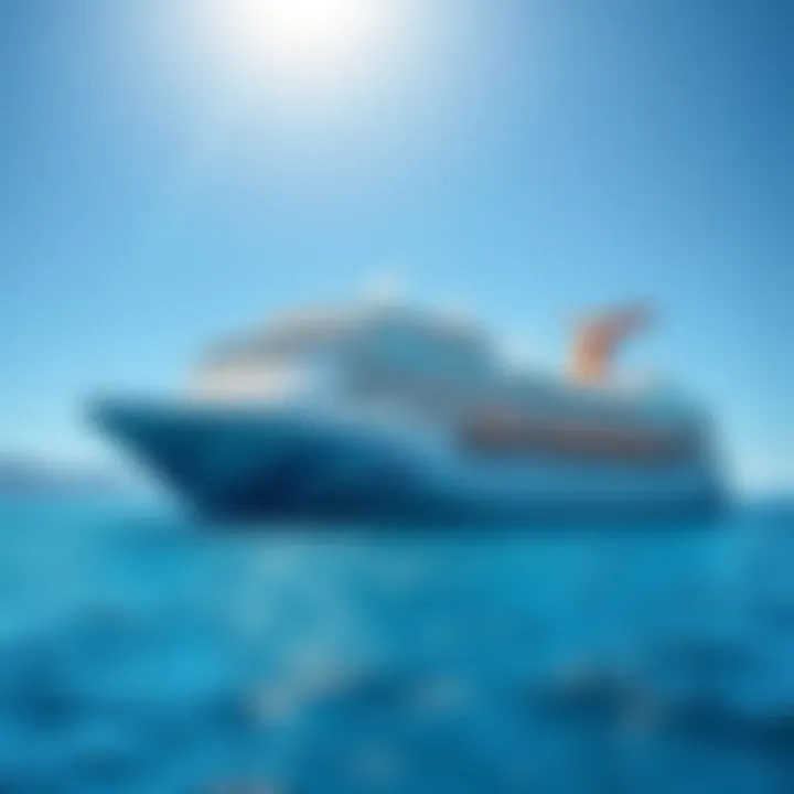 A NCL cruise ship sailing in clear blue waters with a bright sky above.