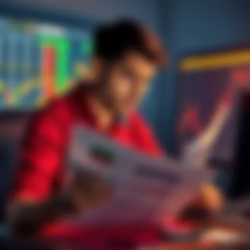 A person looking worried while checking financial documents related to online betting. The background shows a computer with betting graphics.