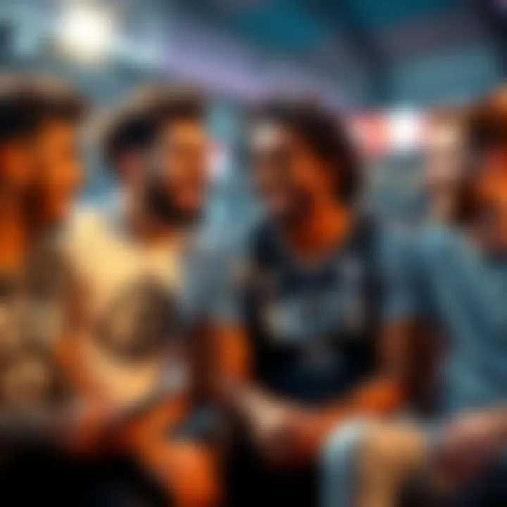 A group of friends laughing together while discussing a Nets player decision.