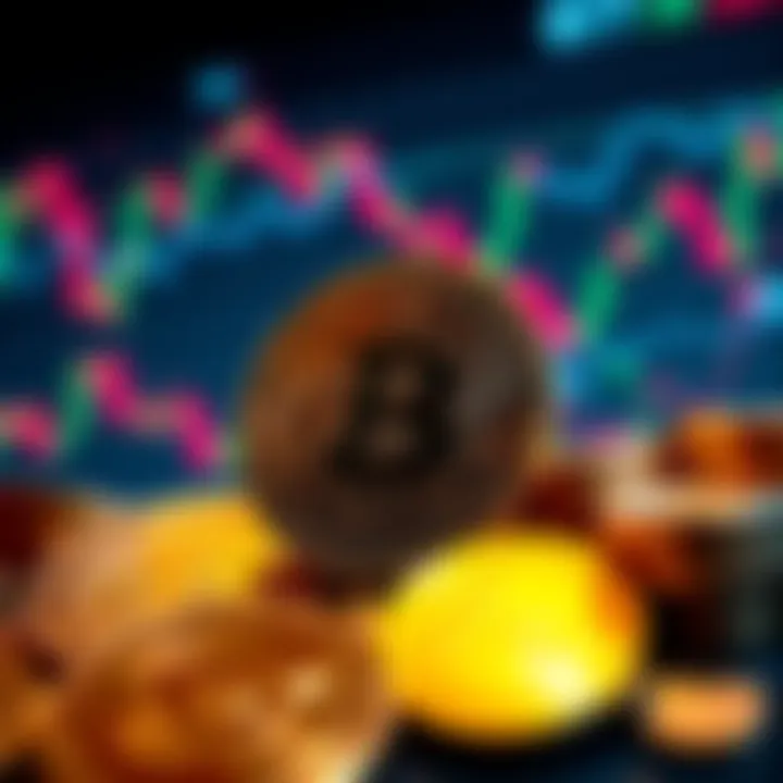A visual representation of digital currency symbols influencing modern economy, featuring coins and graphs showing market changes.