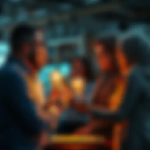 A group of people discussing an innovative idea with excitement and curiosity