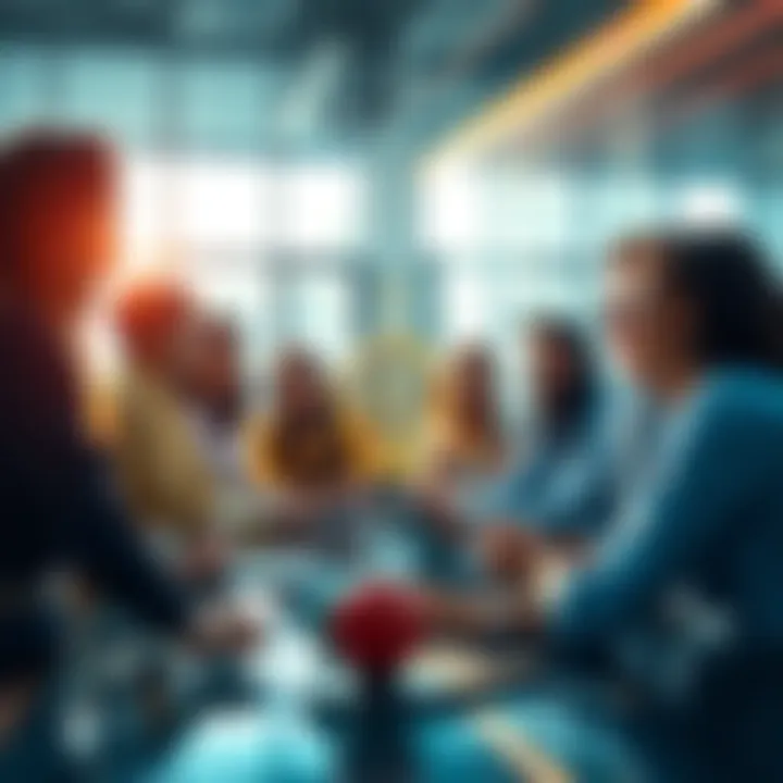 A group of diverse people brainstorming ideas in a bright, modern office setting.