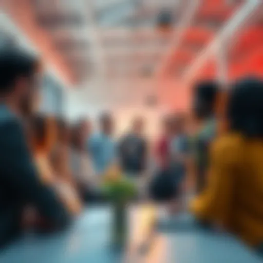 A diverse group of people brainstorming and discussing innovative ideas in a bright and open space.