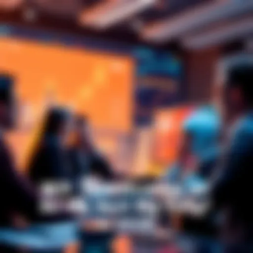 A group of people discussing a strategy with charts and graphs in the background, suggesting future trends and investment opportunities.