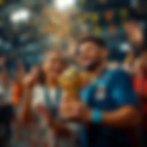 New Winning Couple Celebrating A couple celebrating their recent victories, smiling happily with a trophy in hand, surrounded by cheering people.