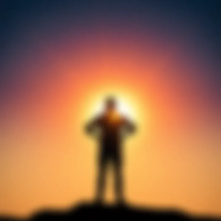 A person standing confidently in front of a sunrise, symbolizing hope and transformation after overcoming debt and addiction.