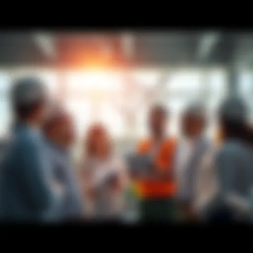 A group of engineers discussing solar panels and wind turbines in a bright, modern workspace.