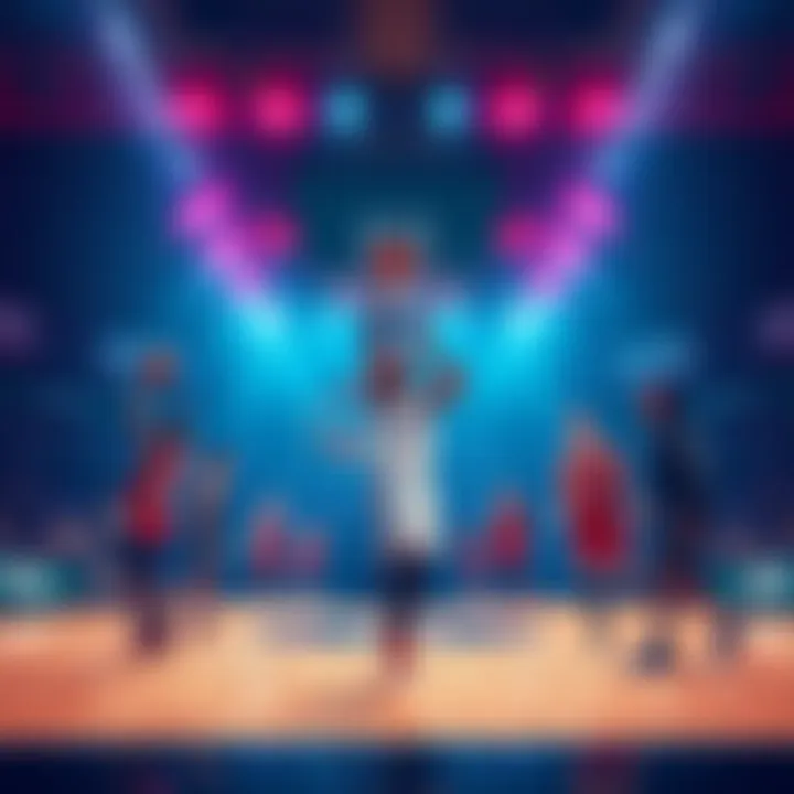 A basketball court with young players showcasing their skills during a game, representing the rising stars of the NBA in 2026.