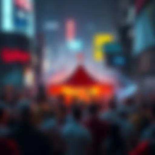 A lively crowd gathers around an intriguing new venture in the city, filled with excitement and anticipation.