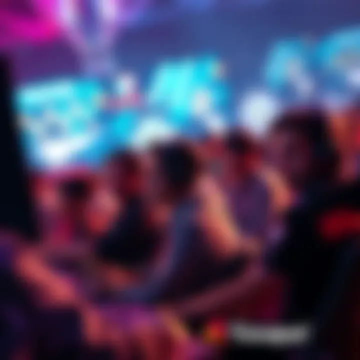 People engaging in a competitive gaming event with bright screens and intense focus