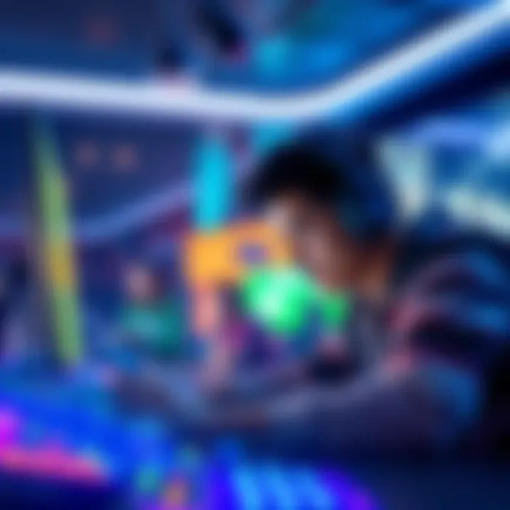 A gamer engaging with new tools and technology in a lively gaming environment
