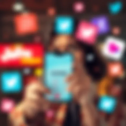 A person looking frustrated while holding a coupon on their phone, surrounded by social media icons representing online criticism.