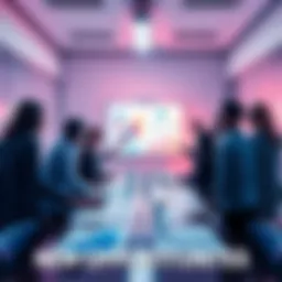 A group of people brainstorming in a bright meeting room, surrounded by charts and project ideas.