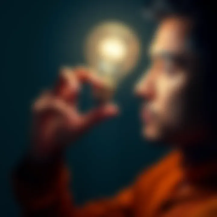 New Opportunity Concept A person examining a bright light bulb, symbolizing new ideas and opportunities, with a thoughtful expression.