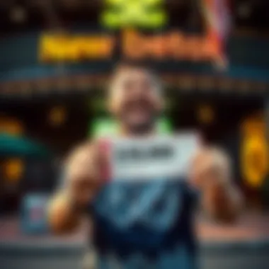 A happy man holding a ticket in front of a Sportsbook, celebrating a $39,000 win after a baseball game
