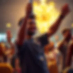 A young man celebrates a big win with his hands raised, holding a ticket or prize in a lively atmosphere, surrounded by friends.