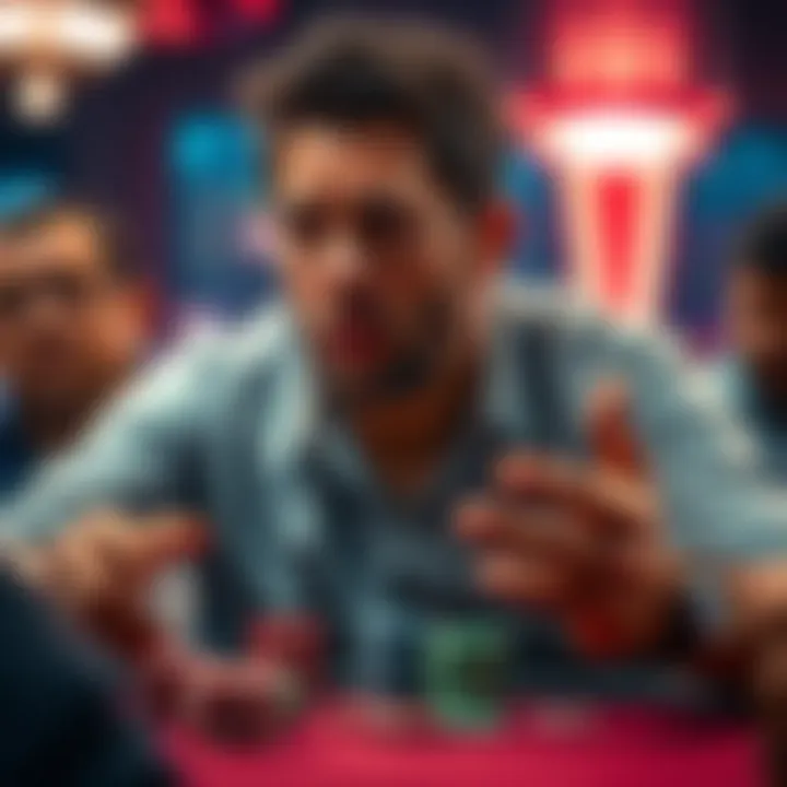 A frustrated poker player arguing at the table after losing all his chips, while others watch and react with mixed expressions.