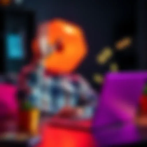 A person excitedly sharing a referral link on a laptop with cash icons around them