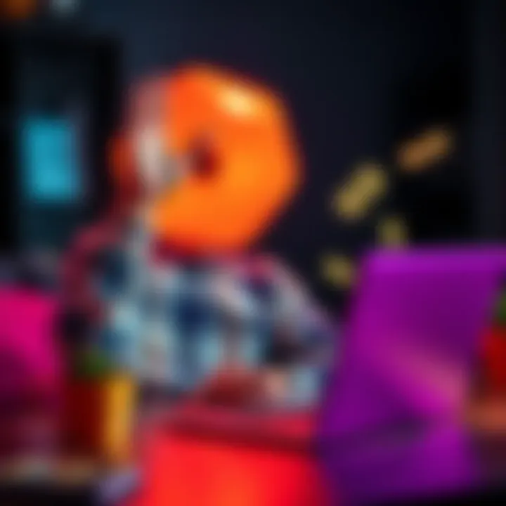 A person excitedly sharing a referral link on a laptop with cash icons around them