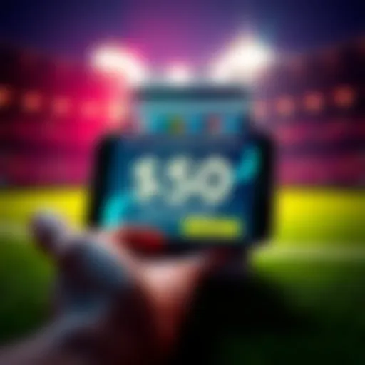 A vibrant graphic showing a smartphone displaying a sports betting app interface with $50 bonus promotion and user-friendly design