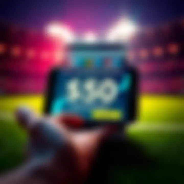A vibrant graphic showing a smartphone displaying a sports betting app interface with $50 bonus promotion and user-friendly design