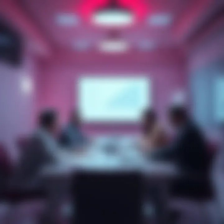 A team discussing innovative approaches in a meeting room for financial and operational improvements