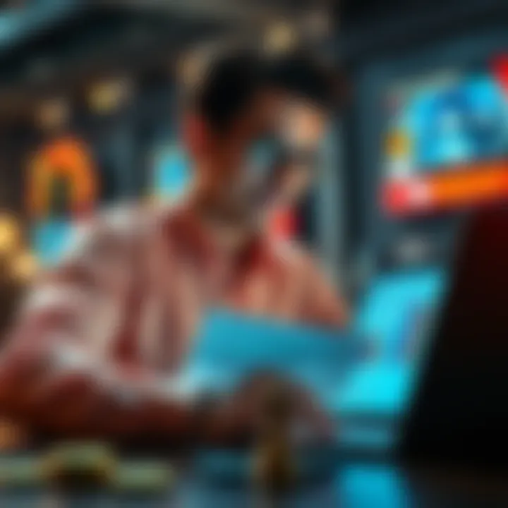 New Strategy for Winning A confident person reviewing game strategies and charts on a laptop, focused on improving their game after losses.