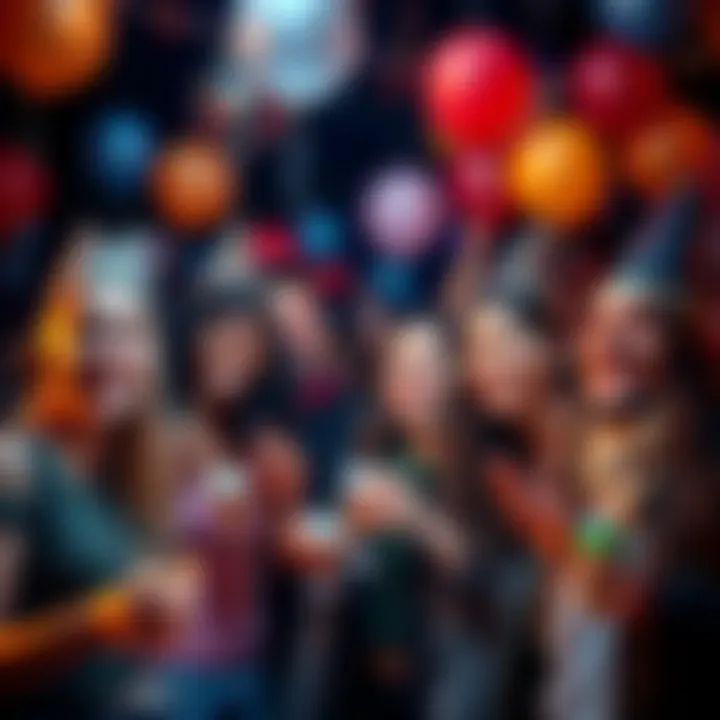 New Year Celebration with Friends A group of young people celebrating New Year's Eve with party hats, balloons, and drinks, smiling and enjoying the festive atmosphere.