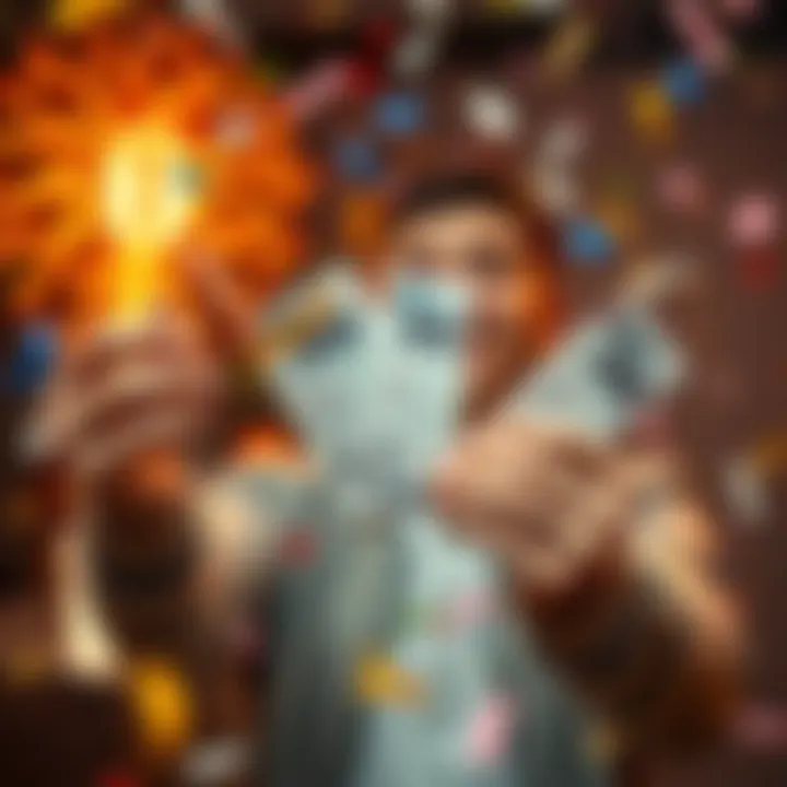 A person joyfully holding lottery tickets with confetti falling around them, celebrating a New Year's lottery win.