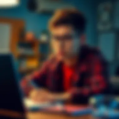 A beginner practicing a new skill with a focused expression, surrounded by learning materials.