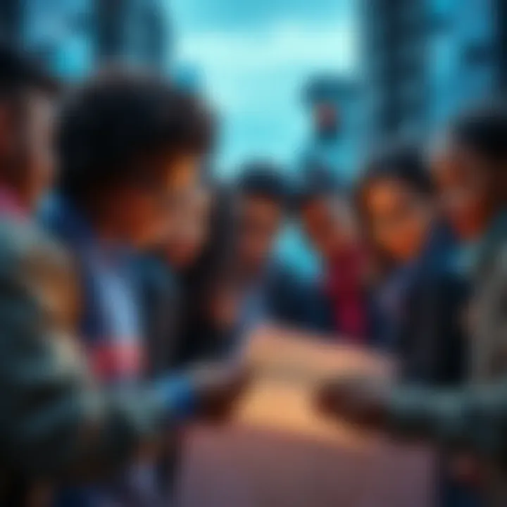 A diverse group of newcomers looking at a city map, appearing uncertain but hopeful about their journey.