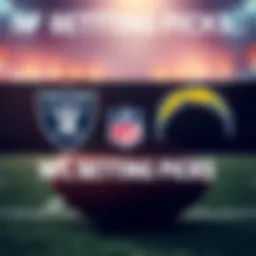 NFL Betting Picks for Sunday A graphic showing betting odds and team logos for NFL games, focusing on the Las Vegas Raiders and Los Angeles Chargers, with a football theme.