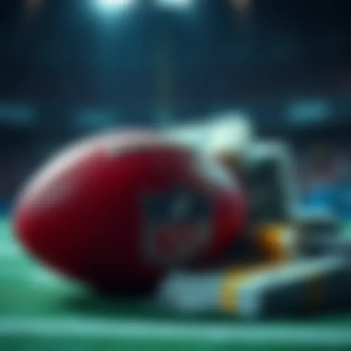 A football with cash and betting slips on a table, representing NFL betting strategies