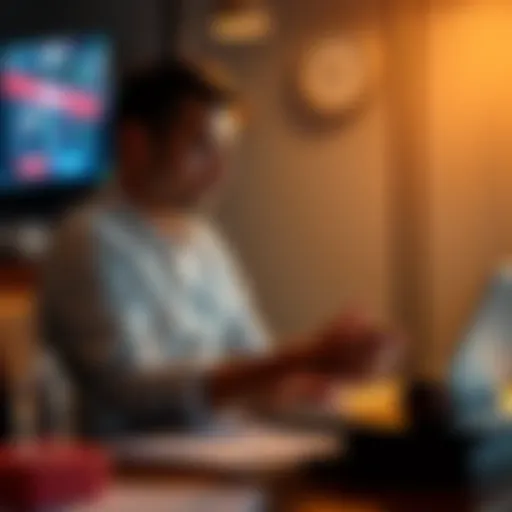 A person sits at a table with a laptop, looking at NFL betting options and paperwork, focused on making sports bets.