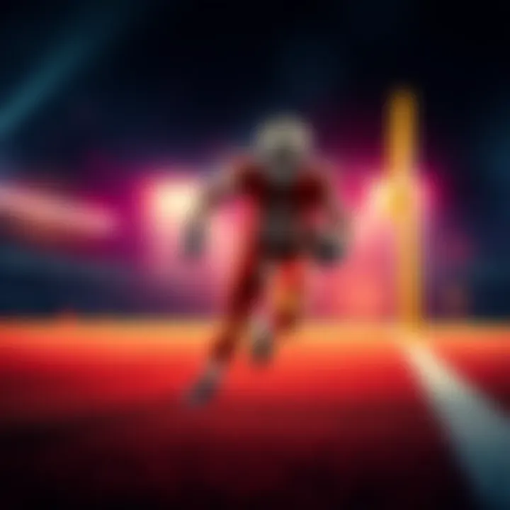 A football player running with the ball towards the end zone, with betting odds displayed in the background