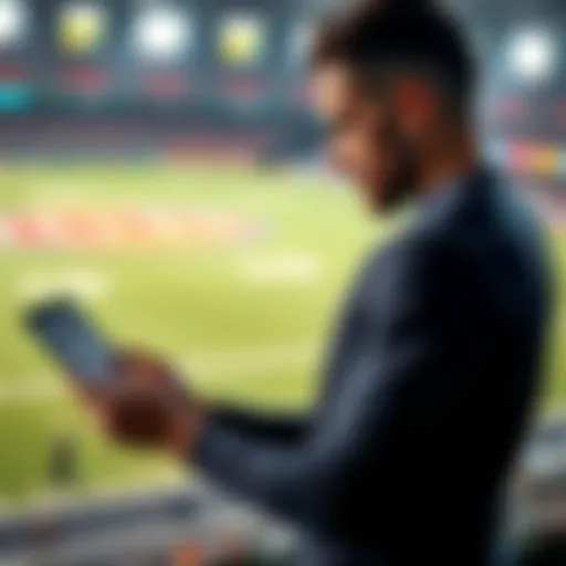 A football player analyzing betting odds and statistics on a tablet with a football field in the background