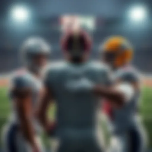Three NFL players preparing for a game, focused on scoring touchdowns, with a football field in the background