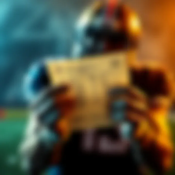 A football player holding a betting slip with NFL teams and odds written on it, showcasing a parlay bet
