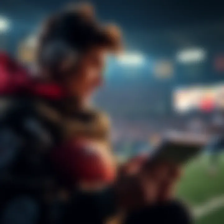 A fan looking at NFL betting odds with a football and notebook in hand, ready to place bets on upcoming touchdowns.