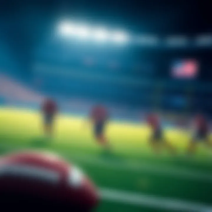 A football field with players in action, showcasing betting options for NFL games, highlighting touchdowns and player stats.