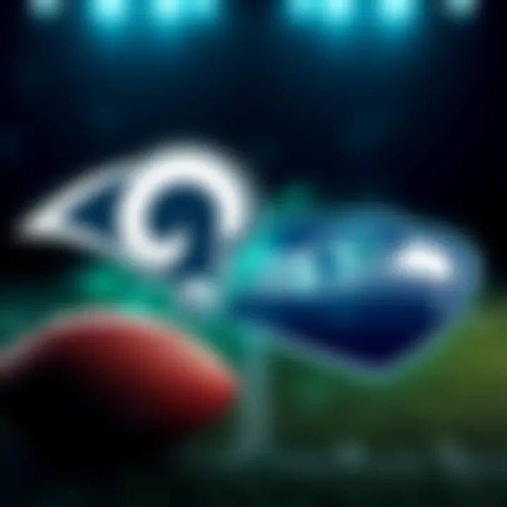 Graphic showing the logos of the Rams and Seahawks with football elements, highlighting their rivalry
