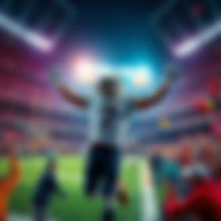 A football player celebrating a touchdown, surrounded by excited fans in a stadium.
