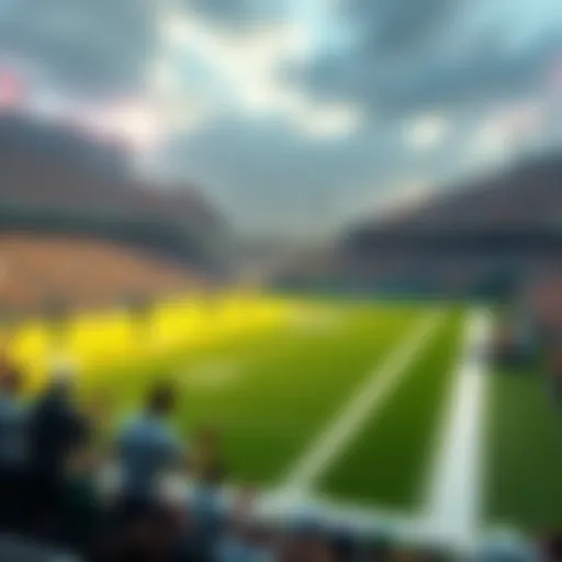A football field with players from the Green Bay Packers warming up for their game, surrounded by fans in the stands cheering excitedly.